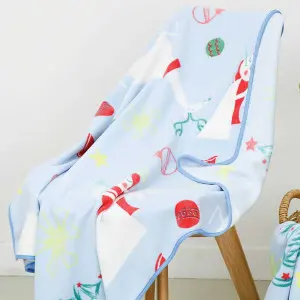 Christmas Printed Baby Blanket with Binding Edge, Light Blue