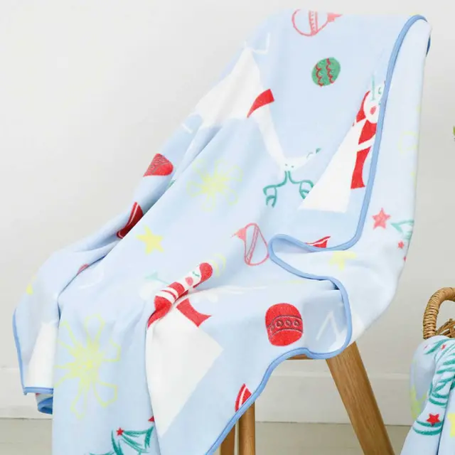 Christmas Printed Baby Blanket with Binding Edge, Light Blue