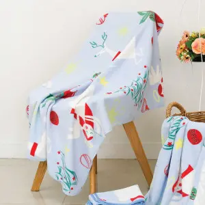 Christmas Printed Baby Blanket with T-Stitch Edge, Light Blue