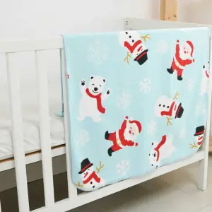 Santa Claus Christmas Printed Baby Blanket with T-Stitch Edge, Light Blue