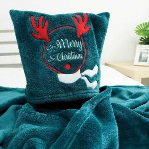 Chrismas Embroidered Pillow Blanket, Dark Green
