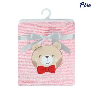 Gentle Bear Embroidering Stripe Plush Baby Blanket