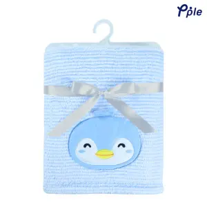 Happy Penguin Embroidering Stripe Plush Baby Blanket