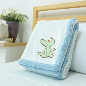 Polyester Baby Blanket with Crocodile Applique, Off White with Blue Edging