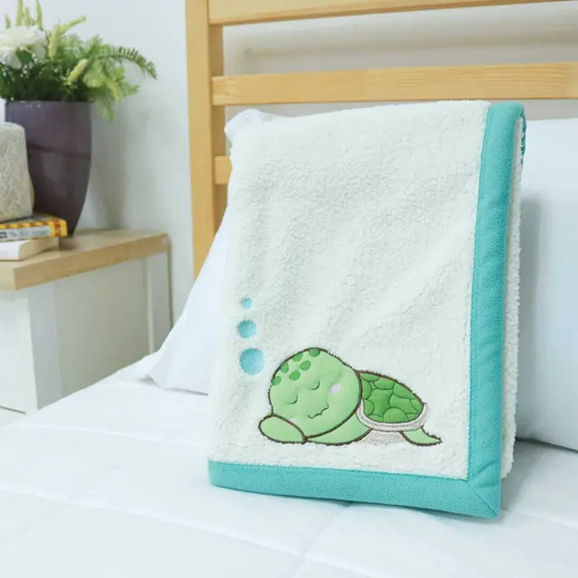 Polyester Baby Blanket with Turtle Applique, White with Green Edging